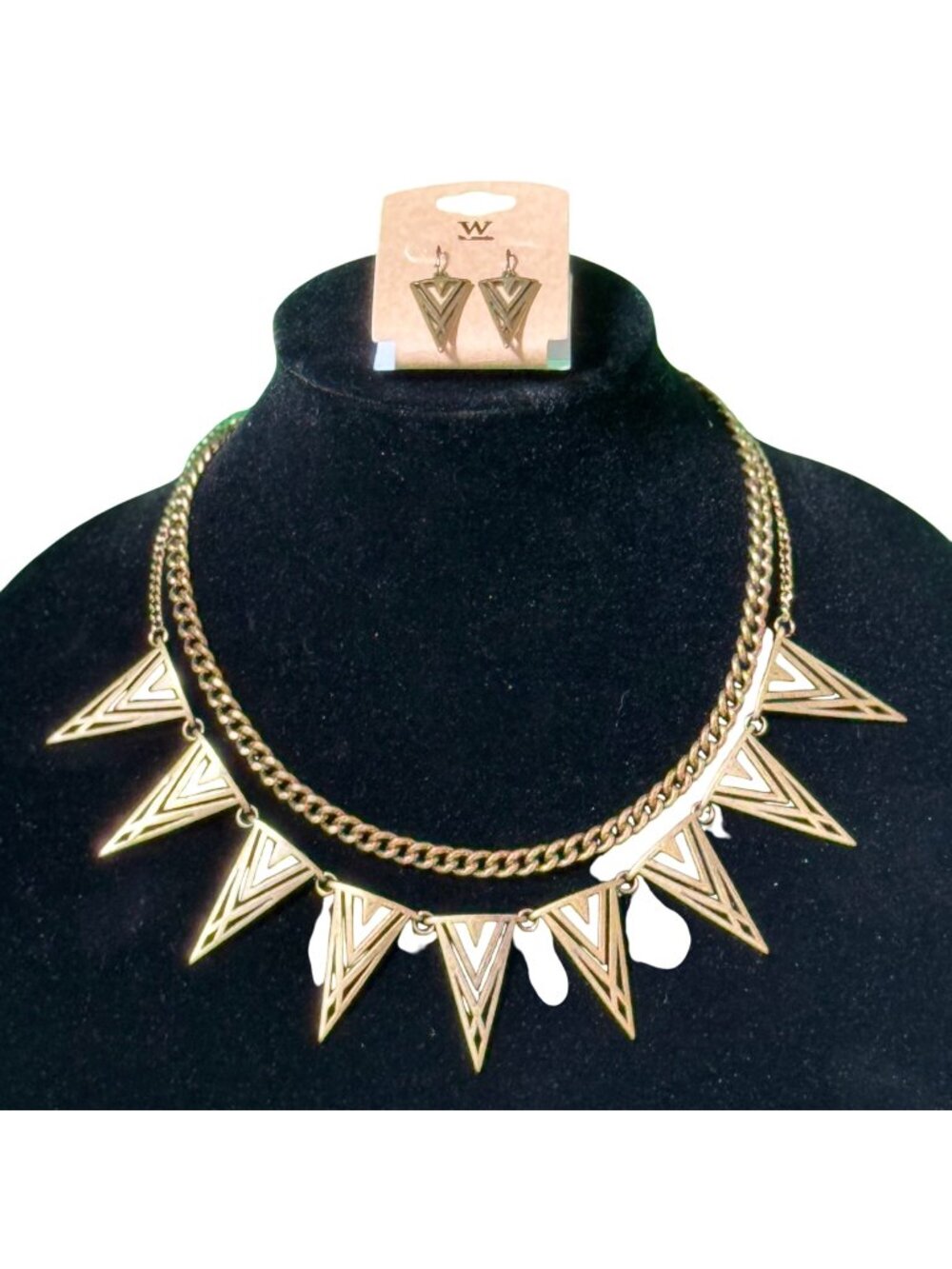 W Necklace Earring Set Triangle Pendants Geometric Design Double Chain Gold-Tone